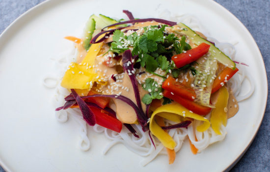 Colourful Thai noodle salad with peanut butter dressing